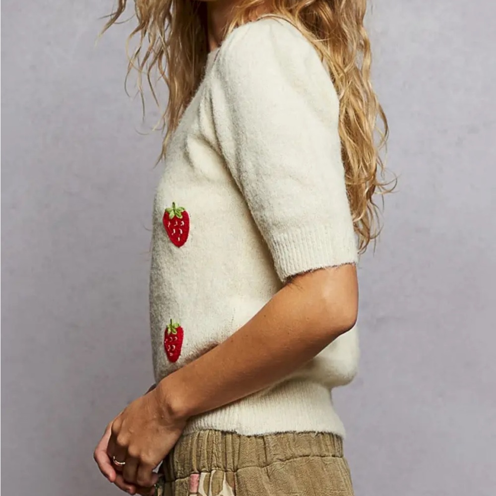 POL Cream Short Sleeve Sweater with Red Strawberry Motif - Picture 2 of 6